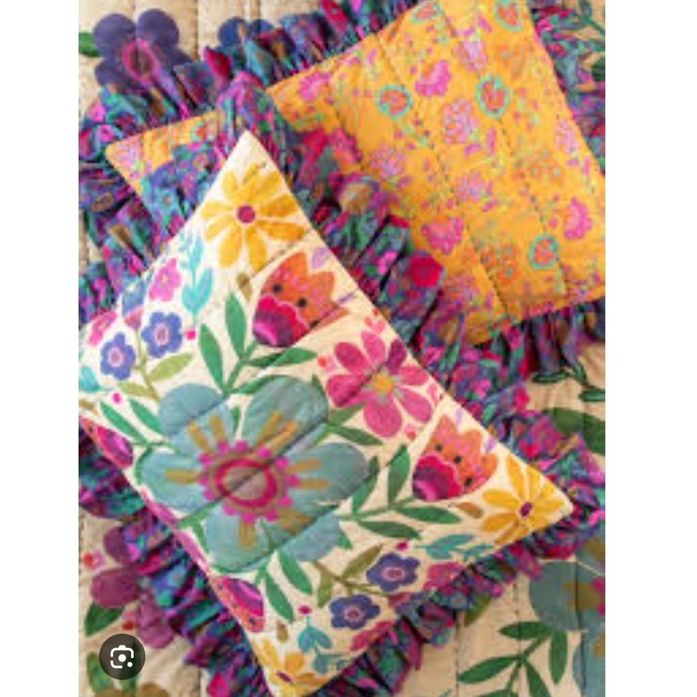 Natural Life Floral Quilted Ruffle Pillow Shams Set of 2 Boho Reversible Multi
